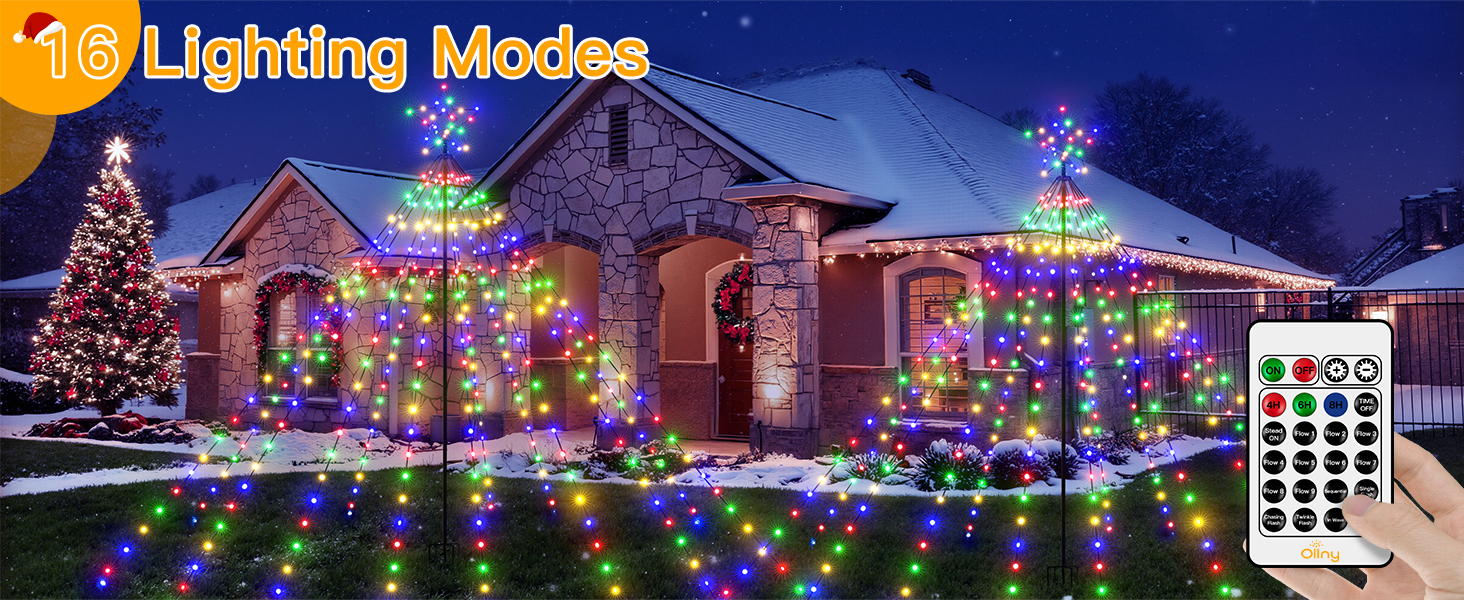 Text reads '16 Lighting Modes'. Multiple images showing outdoor Christmas light displays on houses with different colored LED lights and a remote control device.