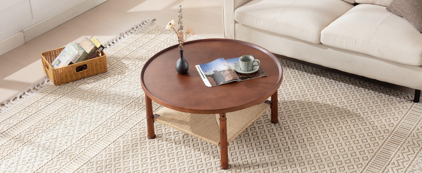 ROCITY Walnut Wood Coffee Table Round Coffee Table Wooden