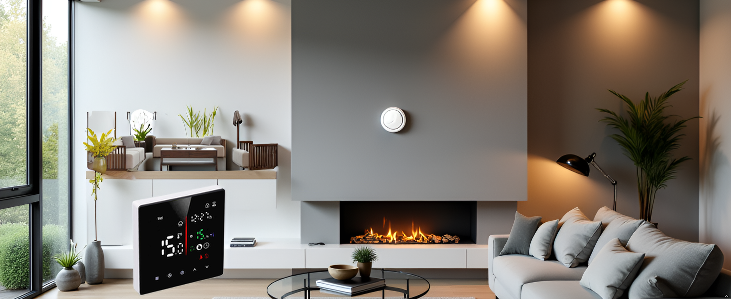 A cozy living room with a fireplace and a product on the mantelpiece.