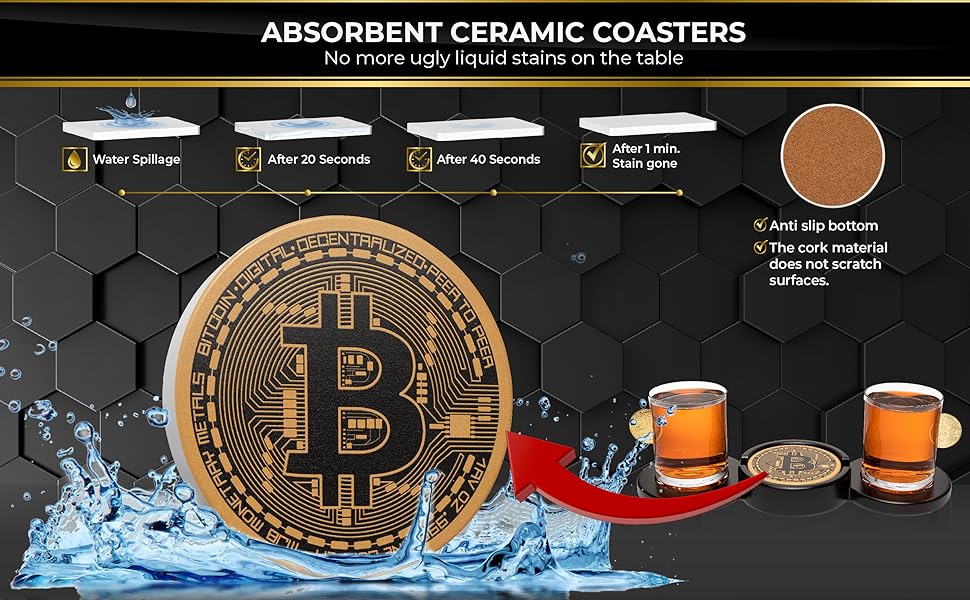 Bitcoin crypto Whiskey Glass with wooden base ceramic coaster splash
