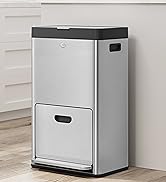 Stainless steel trash can with two compartments, featuring a top lid and front-access drawer for waste sorting.
