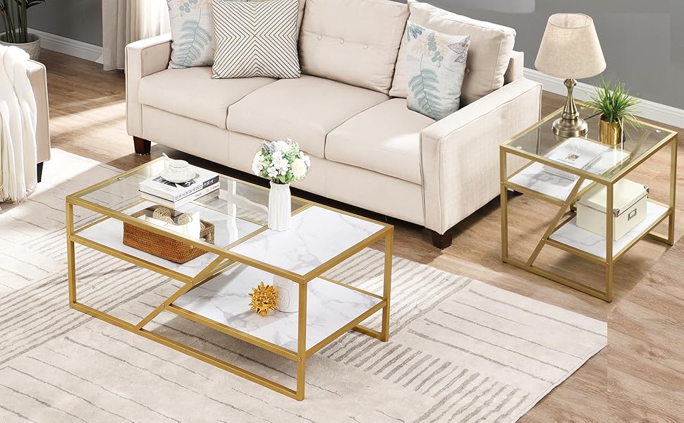 Sybrioka Glass Coffee Table Set of 3, End Table Mordern