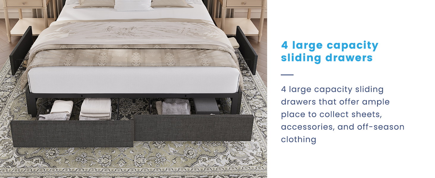 BRELTAM King Size Bed Frame with 4 Storage Drawers Linen