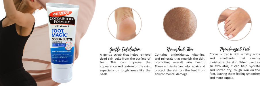 Cocoa Butter Foot scrub for gentle exfoliation, nourished skin and moisturized feet.