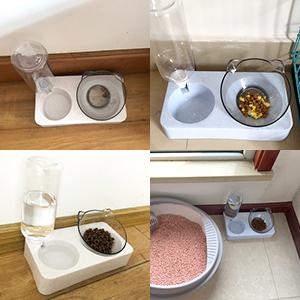 a collage of cat food bowls and water bowls.
