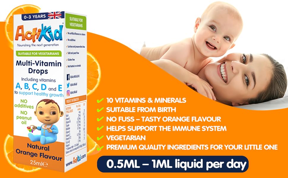 ActiKid MultiVitamin Drops 25ml, Gelatine Free (Vitamin Drops for Babies, Infants and Children