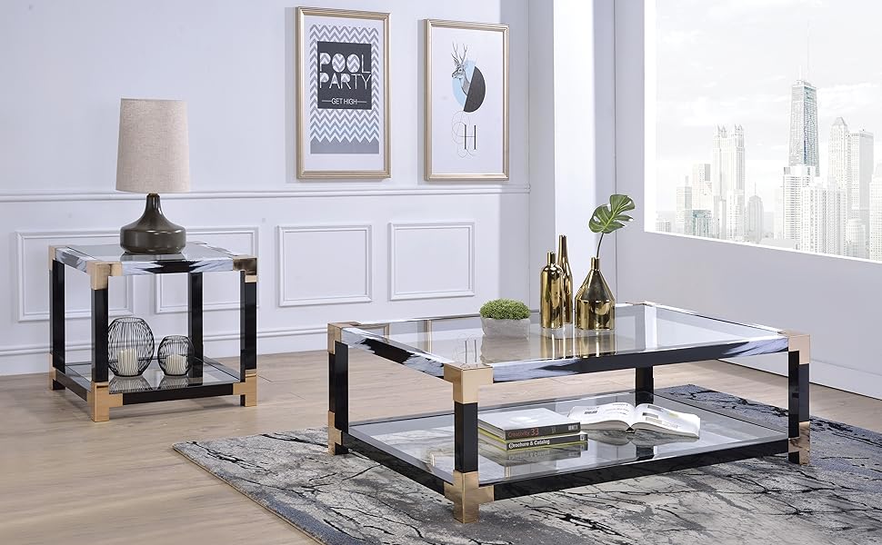 ACME Lafty End Table, White Brushed & Clear Glass