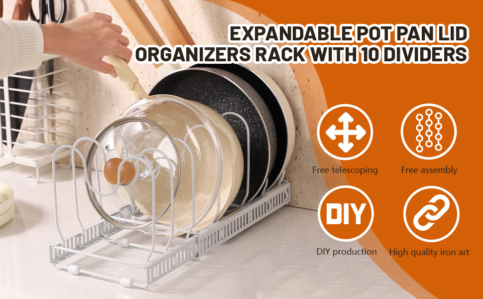 Pan Lid Holder,Expandable Pot Lid Holder,Pan Lid Organiser with 10 Adjustable Dividers,AntiSkid
