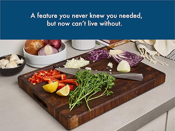 Sonder LA walnut cutting board with sorting compartments for meal prep.