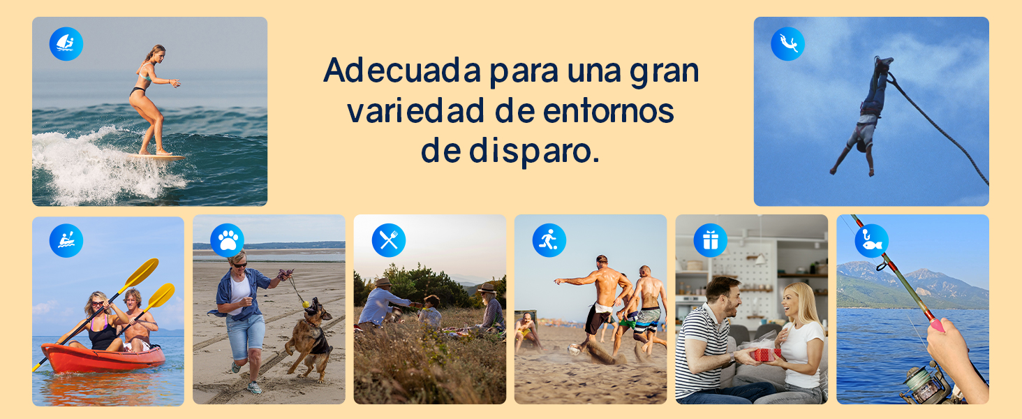 El texto dice «Adecuada para una gran variedad de entornos de disparo». Collage de fotos de acción que muestran actividades frente al mar, como surf, kayak y escenas de playa.