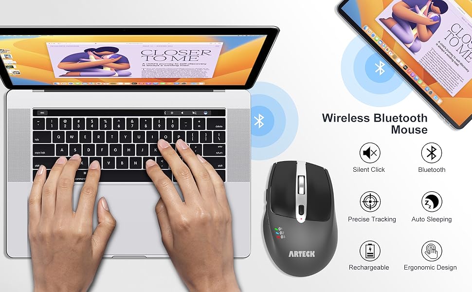 Wireless Bluetooth mouse with feature icons showing silent click, Bluetooth connectivity, precise tracking, and ergonomic design, displayed next to laptop keyboard.