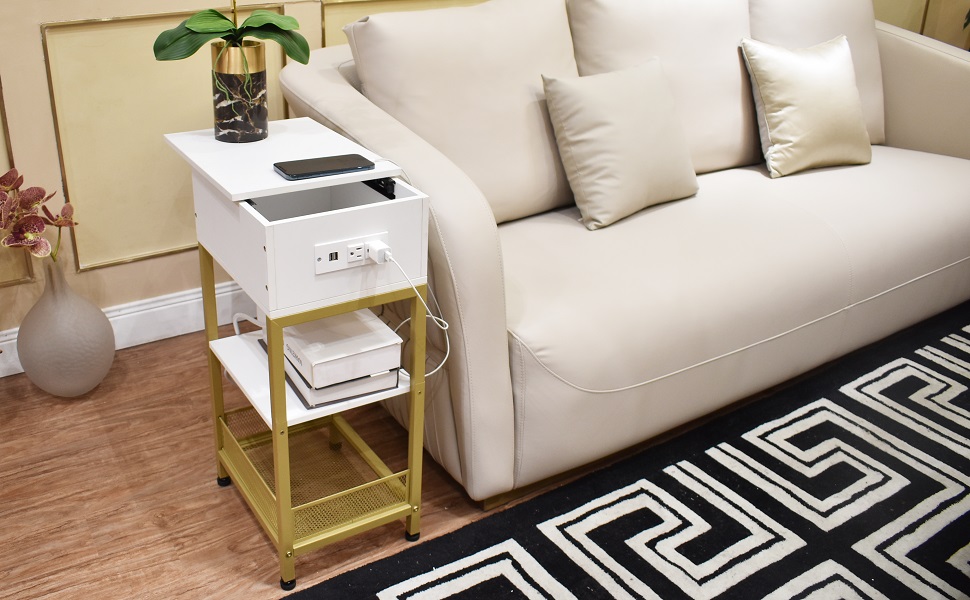 YAKANJ End Table with Charging Station,Small Side Table