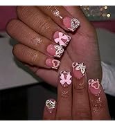 IMRAIN Press on Nails Square Short Fake Nails with Glue, Glossy Gel Glue on False Nails, Pink Leo...