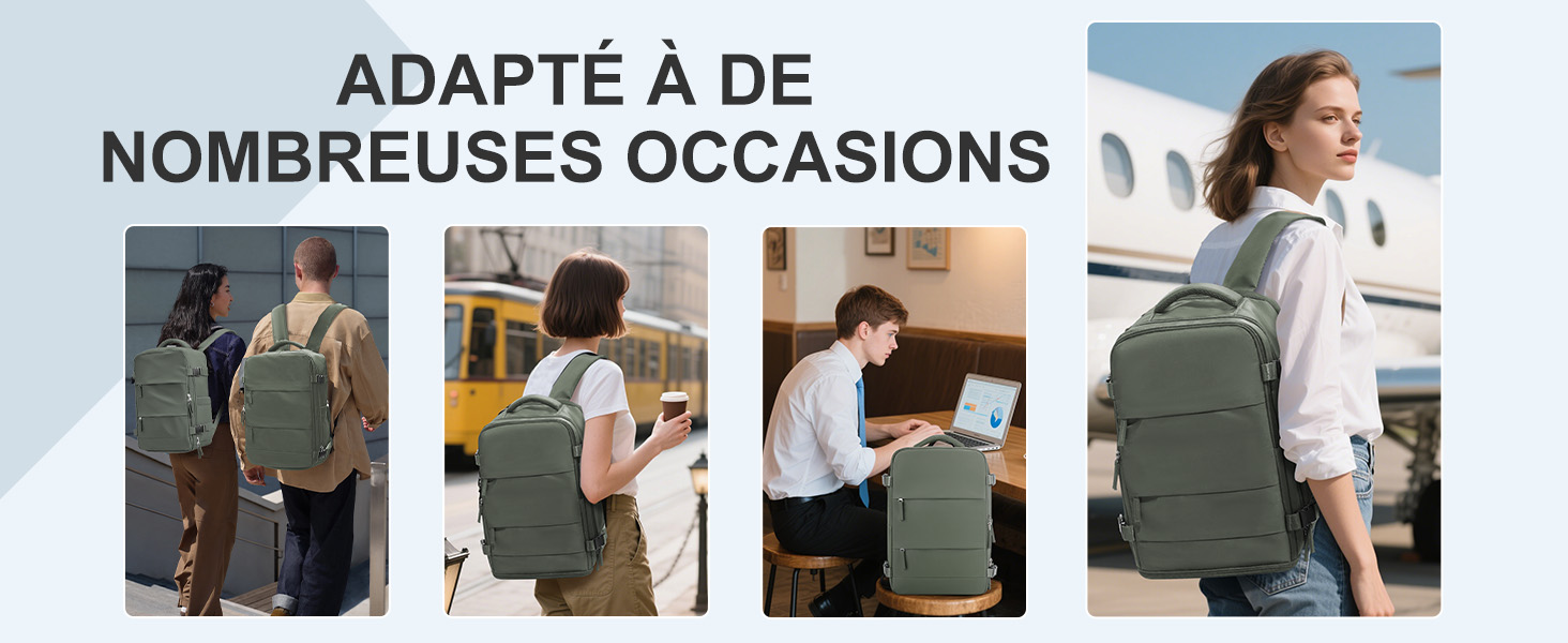 Le texte se lit comme suit : « ADAPTÉ À DE NOMBREUSES OCCASIONS ». Collage représentant un sac à dos dans différents environnements : environnement professionnel, voyage et utilisation occasionnelle.