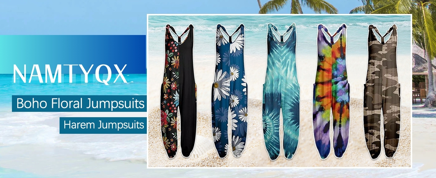2024 Summer Womens Floral Boho Jumpsuit Sleeveless Overalls with Pockets