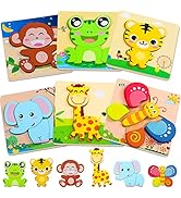 Collezione di puzzle di animali in legno che mostrano vari animali della giungla e del safari come scimmie, elefanti, giraffe in colori vivaci con grandi manici a pomello.