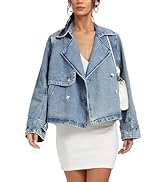 D-Sun Women Cropped Denim Jacket Short Jean Trench Coat V Neck Collared Long Sleeve Button Denim ...