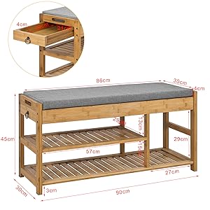 SoBuy FSR47-N Schuhbank Mit Sitzfläche Und Schubladen, Garderobenbank Schuhregal Schuhablage Sitzbank Aus Bambus, BHT Ca: 90x45x30cm 17 1
