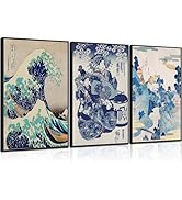 3Pcs Japanese Wall Art Great Wave Hokusai Canvas Pictures Kanagawa Paintings Blue Asian Landscape...