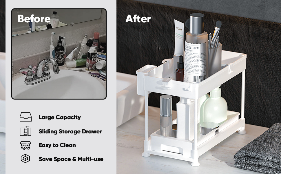 Under Sink Organizer 2Tier, RIASEVI Sliding Under Bathroom Kitchen