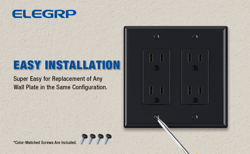 ELEGRP Glossy Black 2Gang Decorative Wall Plates, MidSize 4.88" H x 4.94" L Unbreakable