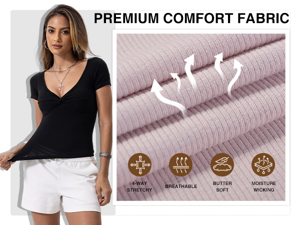 Danysu Women's Ribbed Short Sleeve Going Out Top Twist Front