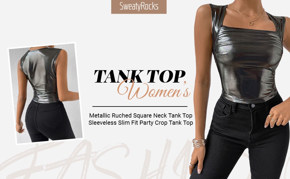SweatyRocks Women's Metallic Sheer Mesh Ruched Square Neck