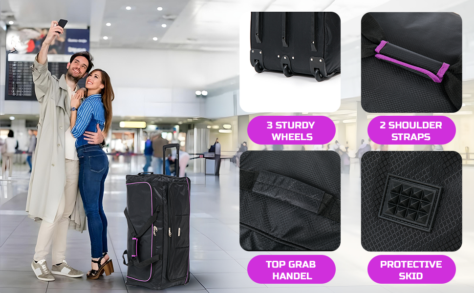 3 Sturdy Wheels,2 Shoulder Straps,Top Grab Handel,Protective Skid