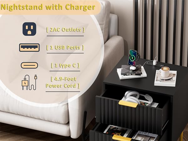 Amazon.com: HQZX Black Nightstand Set of 2 with Charging