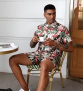 JoZorro Men Hawaiian Shirt Sets Casual Button Down Shirts 2 Piece Luxury Summer Beach Outfits