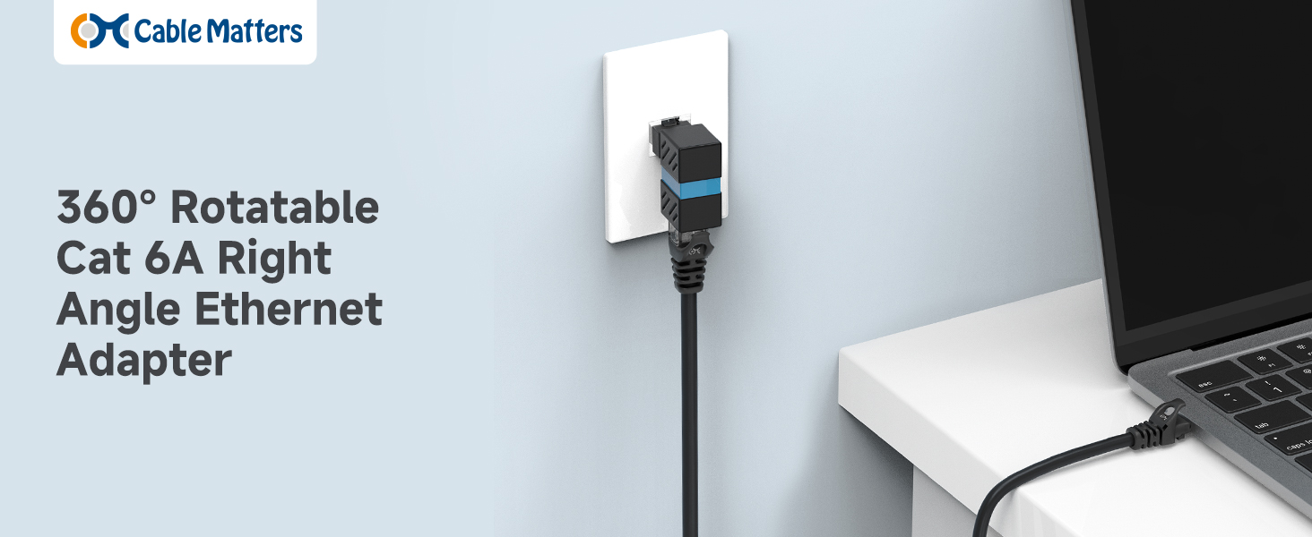 Cat 6A Right Angle Ethernet Adapter with 360-Degree Rotatable Connector