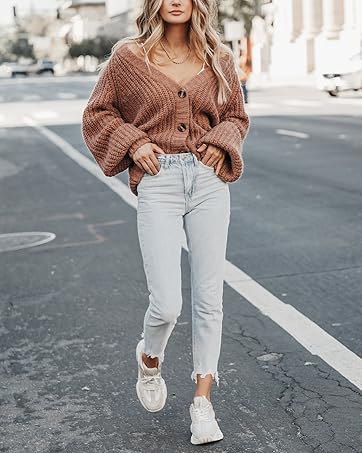 plain Women's Chunky Knit Open Front Sweater Long Sleeve Button Loose Short Cardigan Outerwear Coats