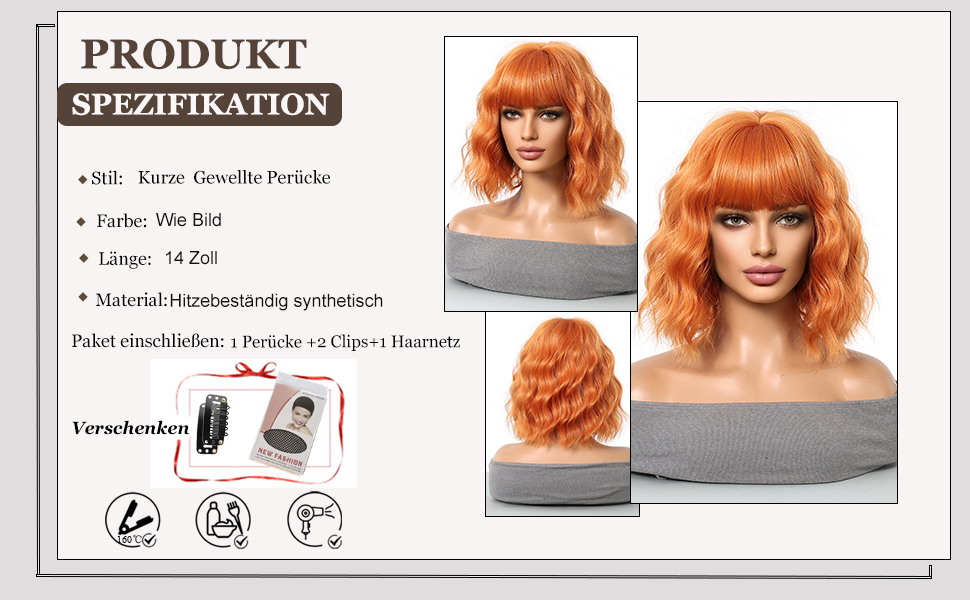 Esmee Kurze Welle Ingwer Orange Bob Perücken mit Fransen