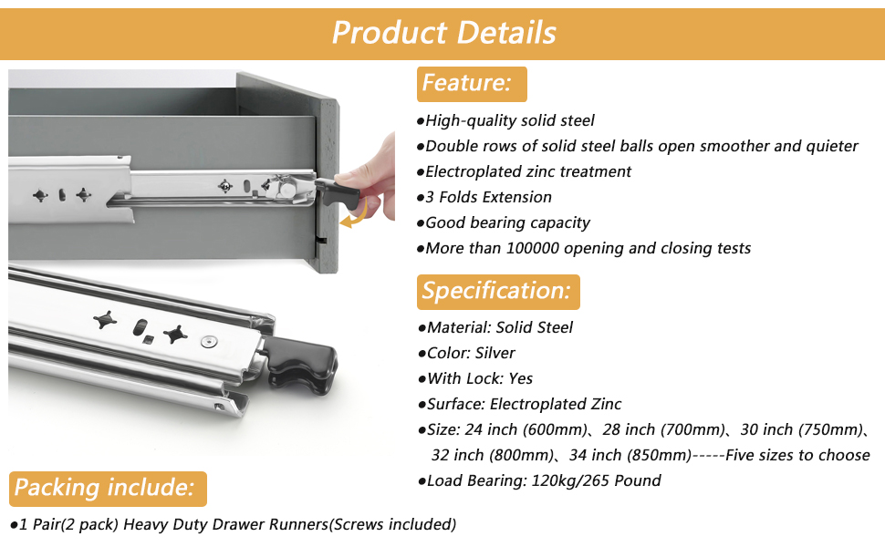Furniware Heavy Duty Drawer Runners, with Lock Full Extension 30 inch