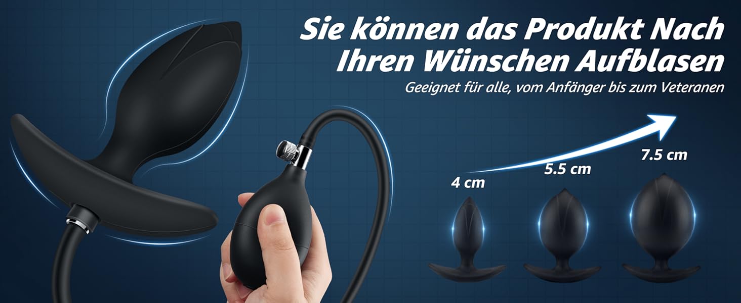 Der Text lautet „Sie können das Produkt Nach Ihren Wünschen aufblasen“. Schwarzer Ohrhörer oder Kopfhörerteil mit drei unterschiedlich großen Ohrstöpseln abgebildet.