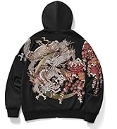 Sukajack Full Zip Hoodie Dragon Embroidery Sweatshirt Hip Hop Causal Hooded Jacket for Men with P...