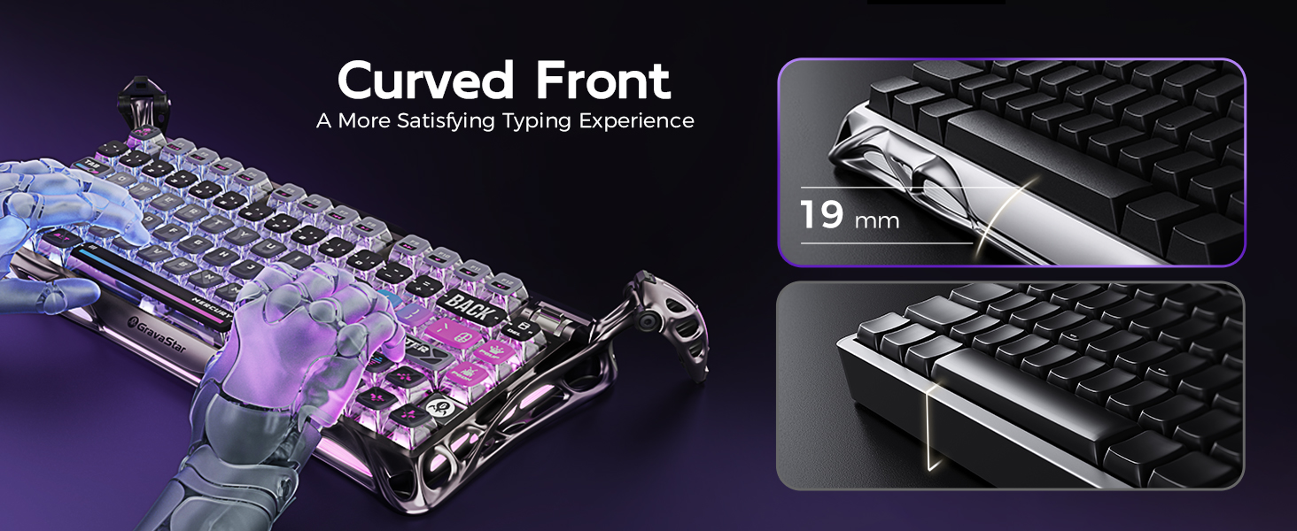 Ergonomic mechanical keyboard with curved front edge and improved typing comfort.