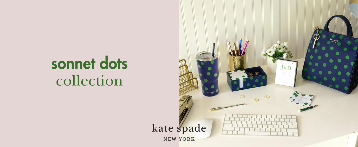 kate spade new york sonnet dot polka cute desk office work decor green navy lunchbag stationery