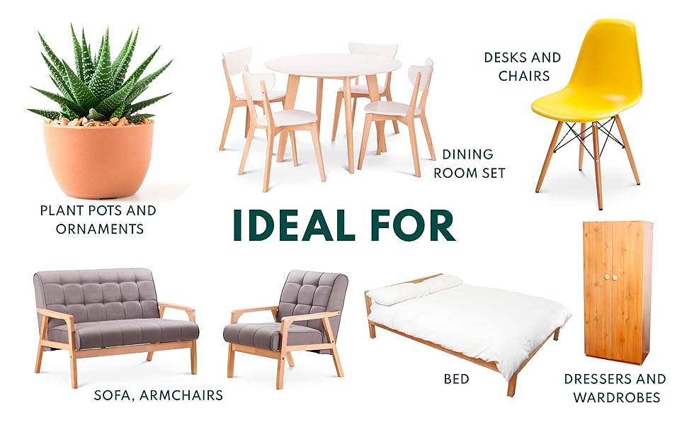 Furniture set including dining table with chairs, yellow accent chair, grey sofa, bed, and wardrobe. Text labels describe each item.