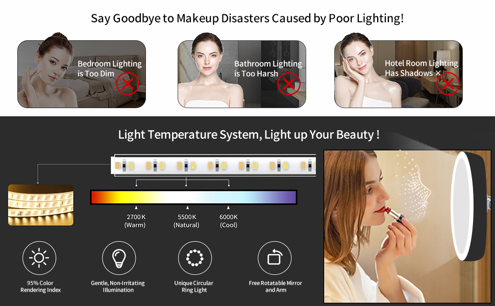 GURUN Wall Mounted Hardwired Makeup Mirror with 3 Tones