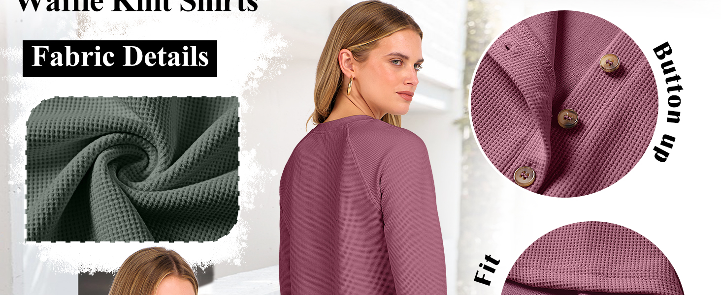 Women&#39;s Waffle Knit Tunic Tops Loose Long Sleeve Button Up V Neck Henley Shirts