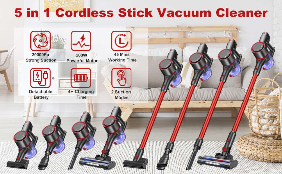Cordless Vacuum Cleaner, 5in1 Rechargeable Stick Vacuum with 20kPa 250W Powerful