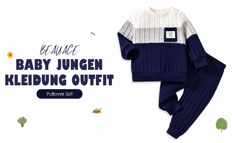 Text reads 'BABY JUNGEN KLEIDUNG OUTFIT'. Navy blue two-piece baby clothing set featuring a long-sleeve top and matching pants with elastic waistband.