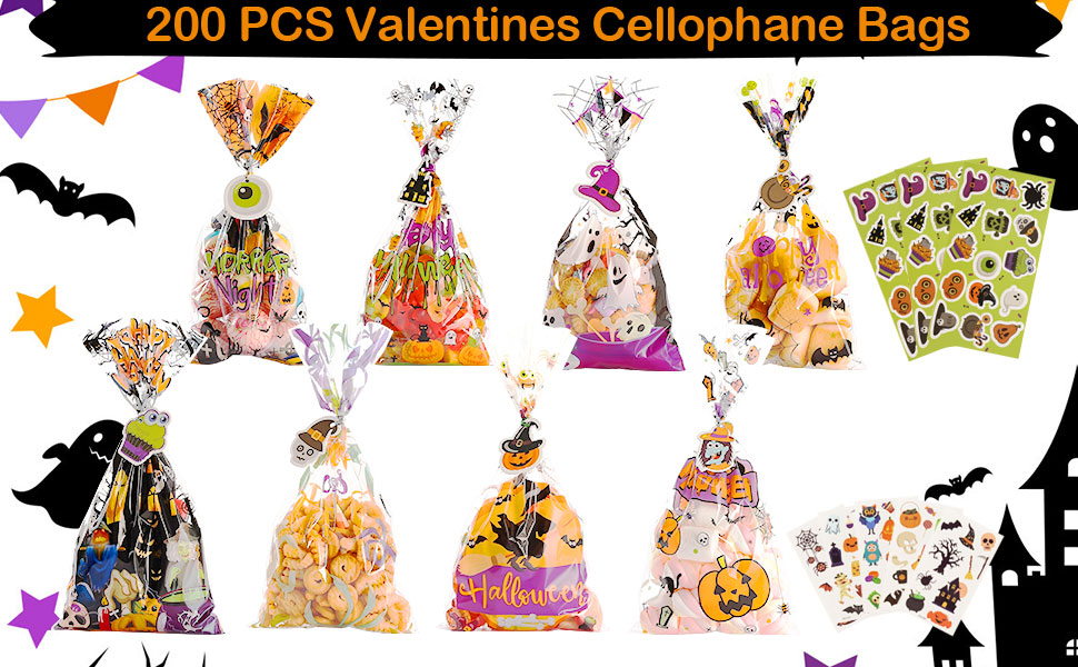 Halloween Cellophane Bags Treats Bags, 200 PCS Halloween Candy Bags for