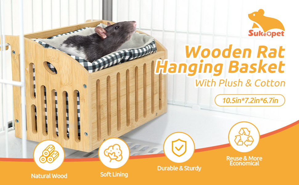 SUKEOPET Rat Hammock with Plush, Wooden Hanging Basket