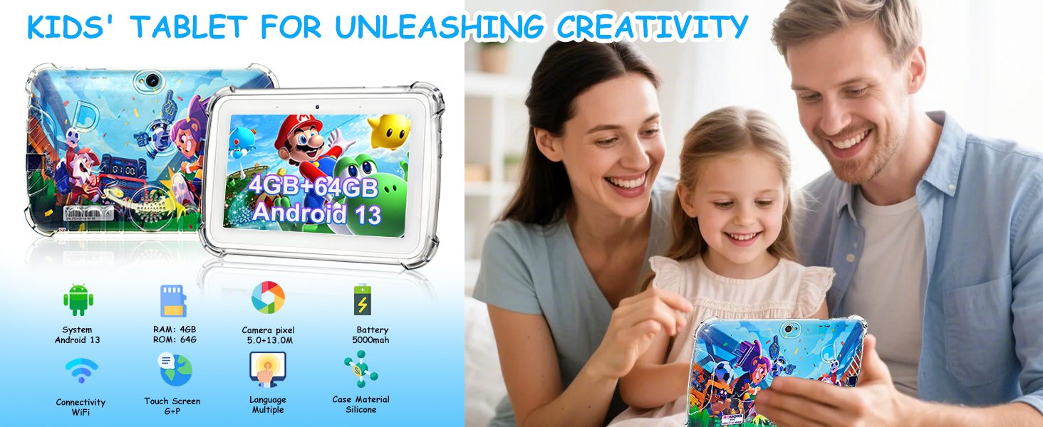 Text reads: 'KIDS' TABLET FOR UNLEASHING CREATIVITY'. Promotional image showing tablet device with animated characters on screen, with icons displaying various features below.