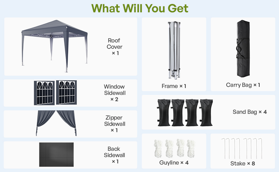 Product package contents for a gazebo showing roof cover, frame pieces, window sidewalls, zipper walls, carry bag, sand bags, guylines, and stakes with quantity indicators.