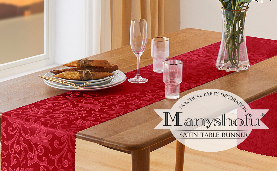 Manyshofu 12Pcs Red Satin Table Runner 12 x 108 Inch, Damask Table Runner Decor