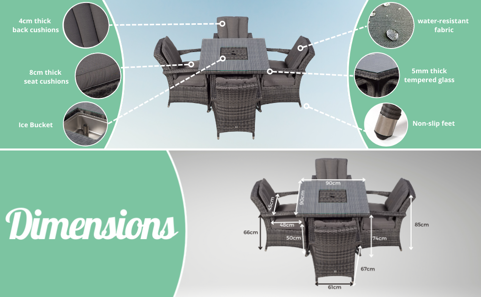 Arizona Rattan Dining Set Luxury Square 4 Seater Grey Rattan Table & Chairs Set with Ice