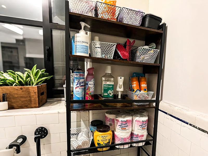bathroom behind toilet shelves